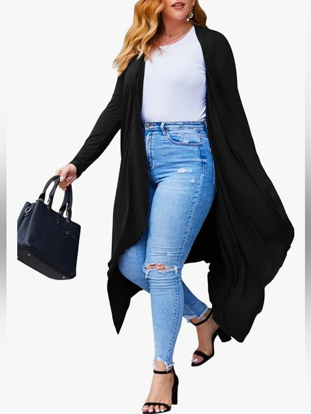 In'Voland Black Cardigan Long Sleeve Open Front Waterfall Duster Size 5X